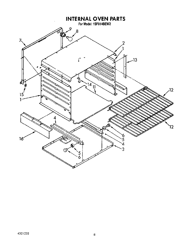 INTERNAL OVEN Diagram and Parts List for 1SF014BEN2  Whirlpool Range