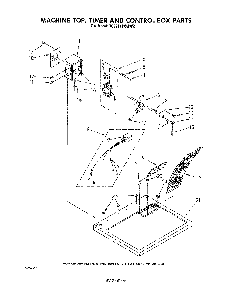 MACHINE TOP, TIMER AND CONTROL BOX Diagram and Parts List for 3CE2110XMW2  Whirlpool Dryer