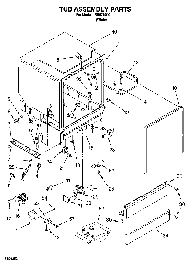 TUB ASSEMBLY PARTS Diagram and Parts List for IRD6710Q2  Inglis Dishwasher