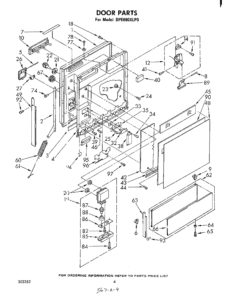DOOR Diagram and Parts List for DP6880XLP0  Whirlpool Dishwasher