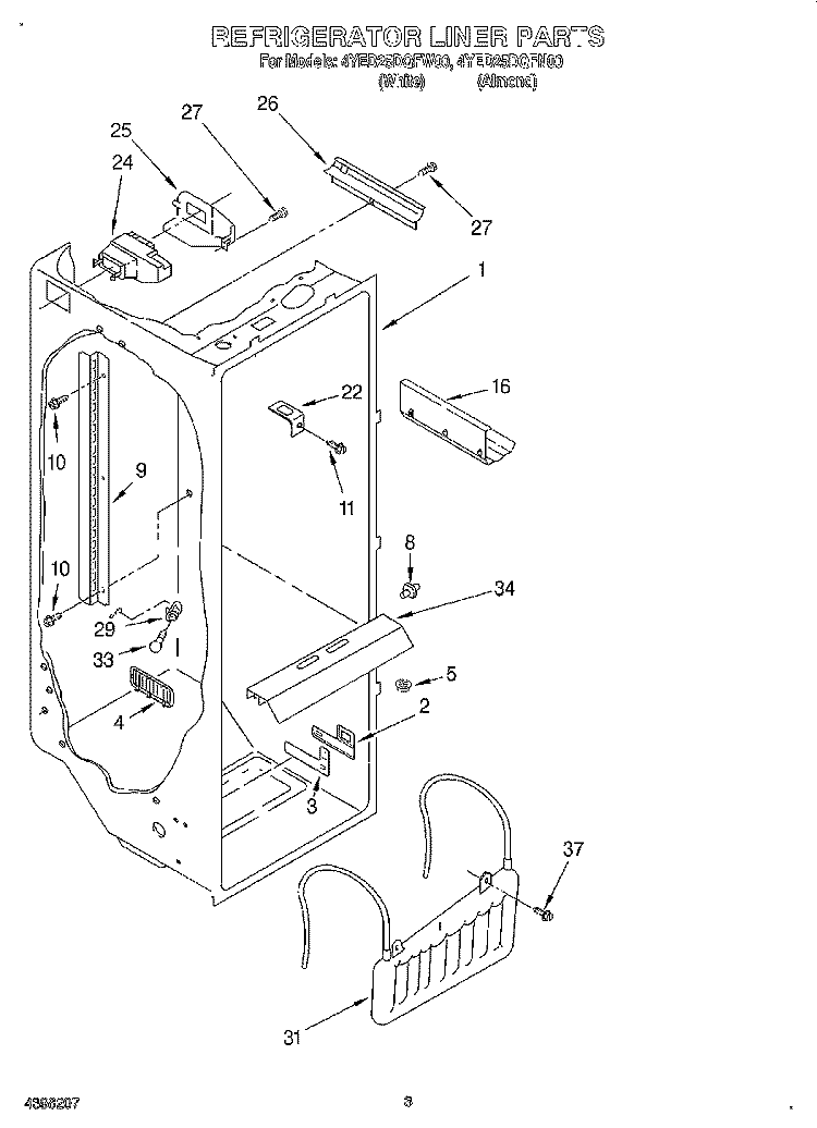 REFRIGERATOR LINER Diagram and Parts List for 4YED25DQFN00  Whirlpool Refrigerator
