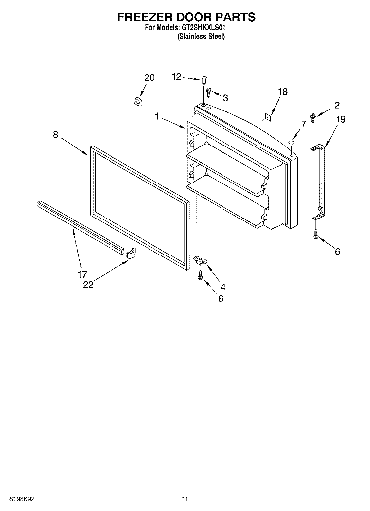 FREEZER DOOR PARTS Diagram and Parts List for GT2SHKXLS01  Whirlpool Refrigerator