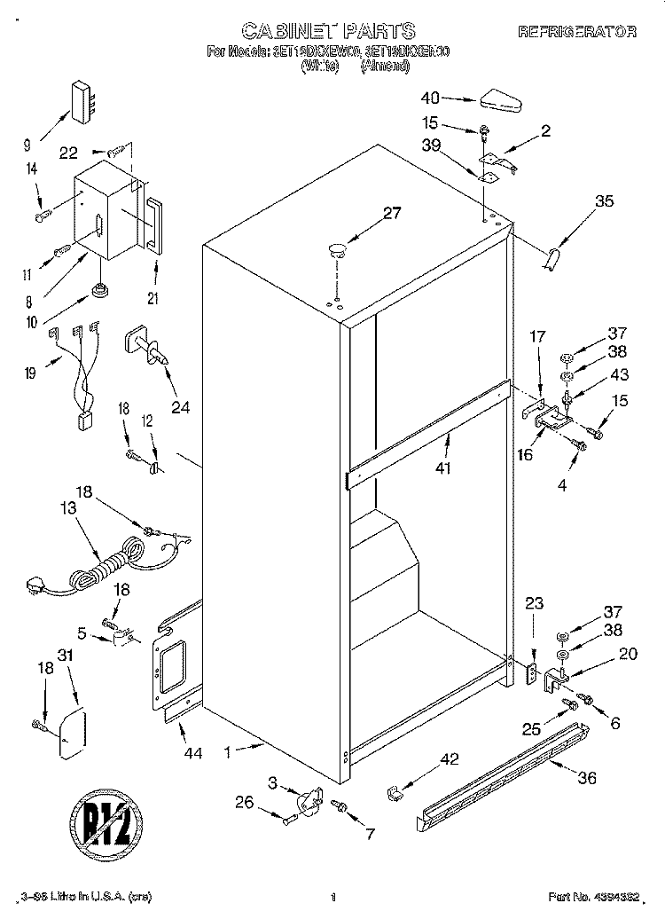 CABINET Diagram and Parts List for 3ET19DKXEW00  Whirlpool Refrigerator