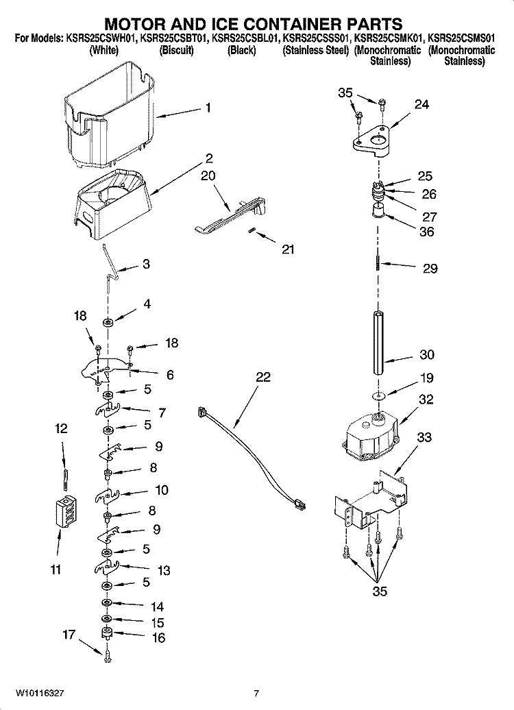 MOTOR AND ICE CONTAINER PARTS Diagram and Parts List for KSRS25CSSS01  KitchenAid Refrigerator
