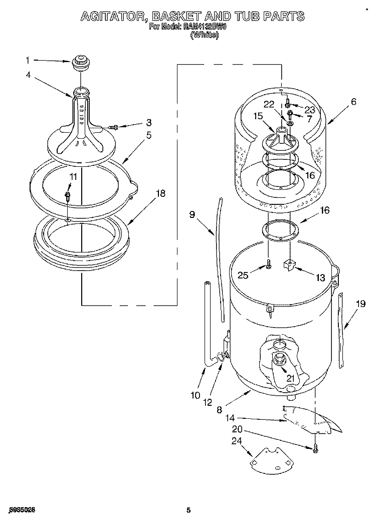 AGITATOR, BASKET AND TUB Diagram and Parts List for RAM4132BW0  Whirlpool Washer