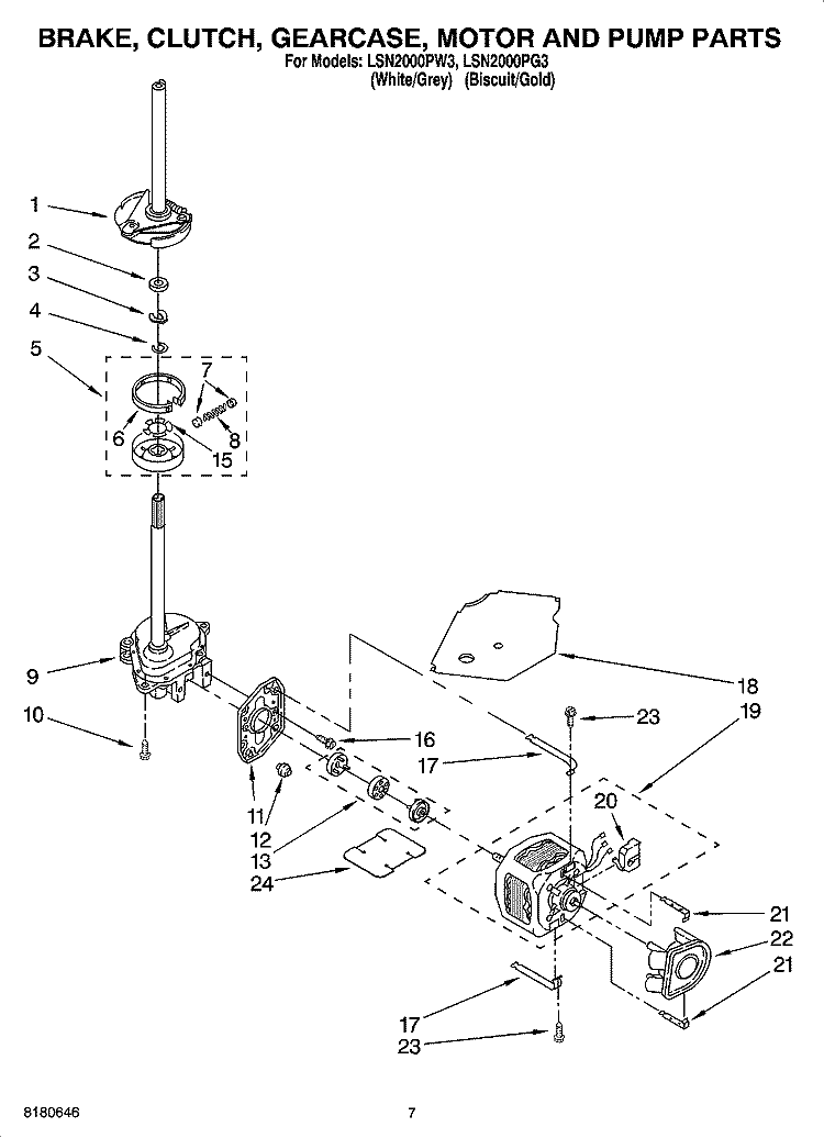 BRAKE, CLUTCH, GEARCASE, MOTOR AND PUMP PARTS Diagram and Parts List for LSN2000PG3  Whirlpool Washer
