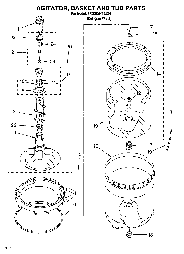 AGITATOR, BASKET AND TUB PARTS Diagram and Parts List for 3RGSC9455JQ4  Whirlpool Washer