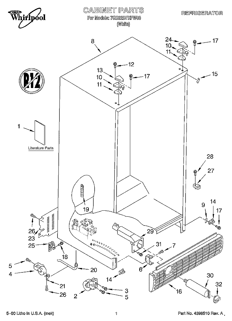 CABINET, LITERATURE Diagram and Parts List for 7GD22DFXFW00  Whirlpool Refrigerator