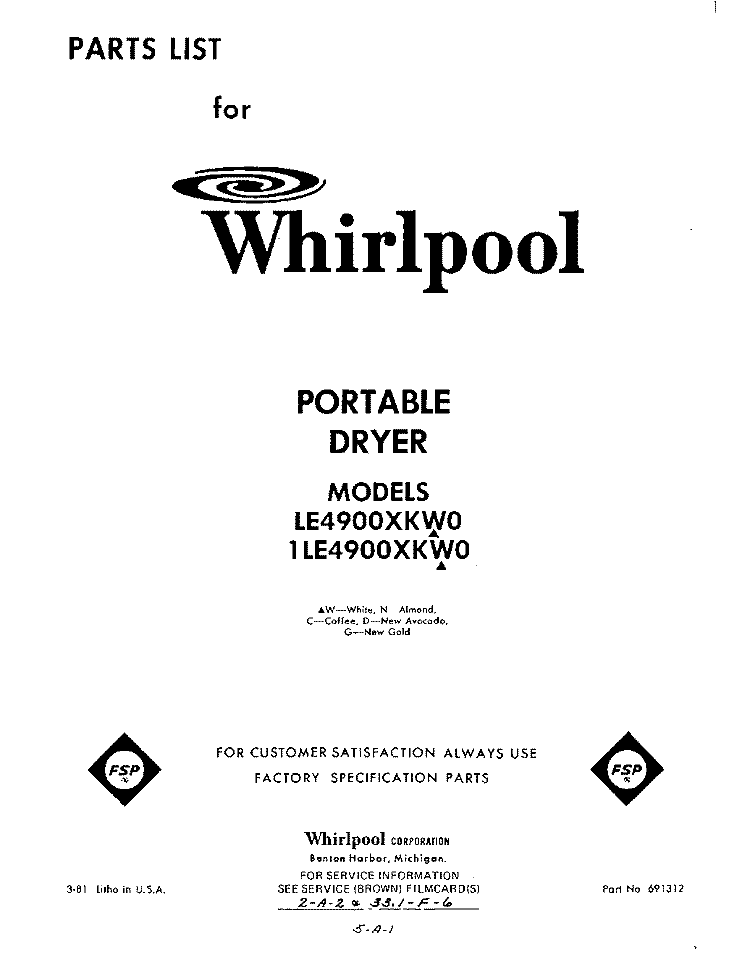 SECTION Diagram and Parts List for 1LE4900XKW0  Whirlpool Dryer