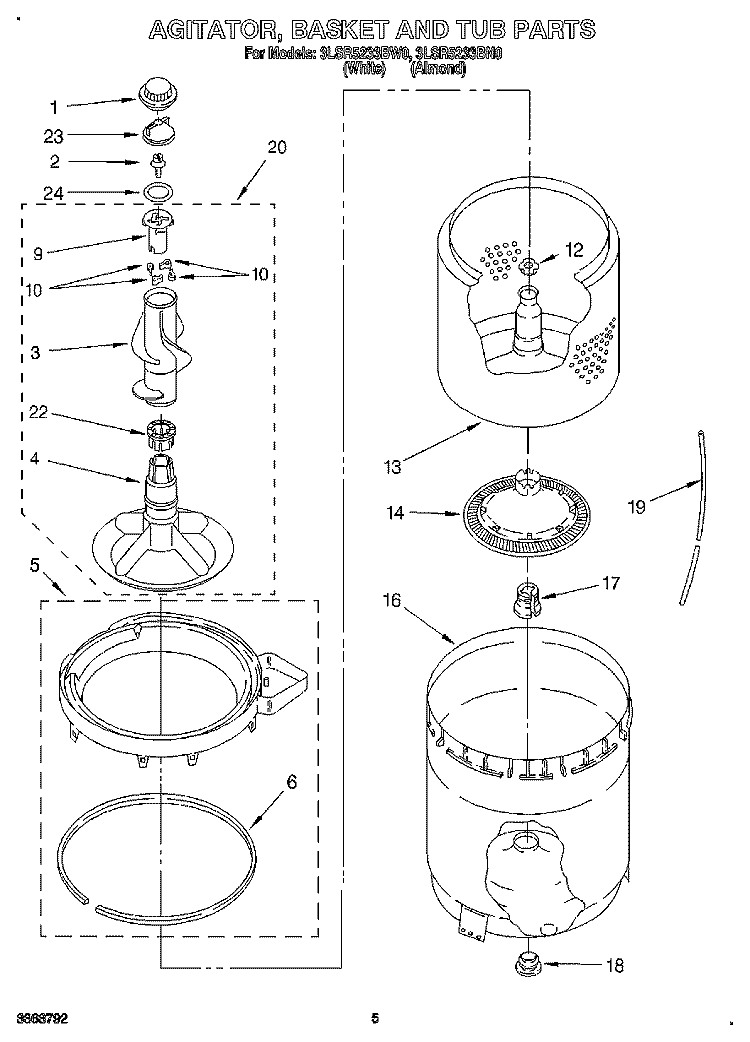 AGITATOR, BASKET AND TUB Diagram and Parts List for 3LSR5233BN0  Whirlpool Washer