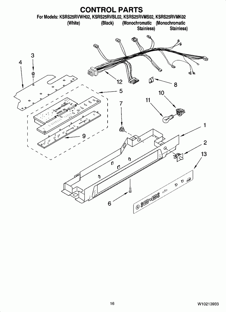 CONTROL PARTS Diagram and Parts List for KSRS25RVBL02  KitchenAid Refrigerator