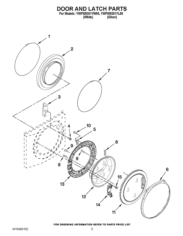 DOOR AND LATCH PARTS Diagram and Parts List for YWFW9351YW00  Whirlpool Washer