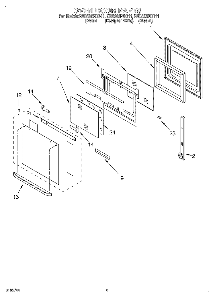 OVEN DOOR Diagram and Parts List for RBD306PDT11  Whirlpool Wall Oven