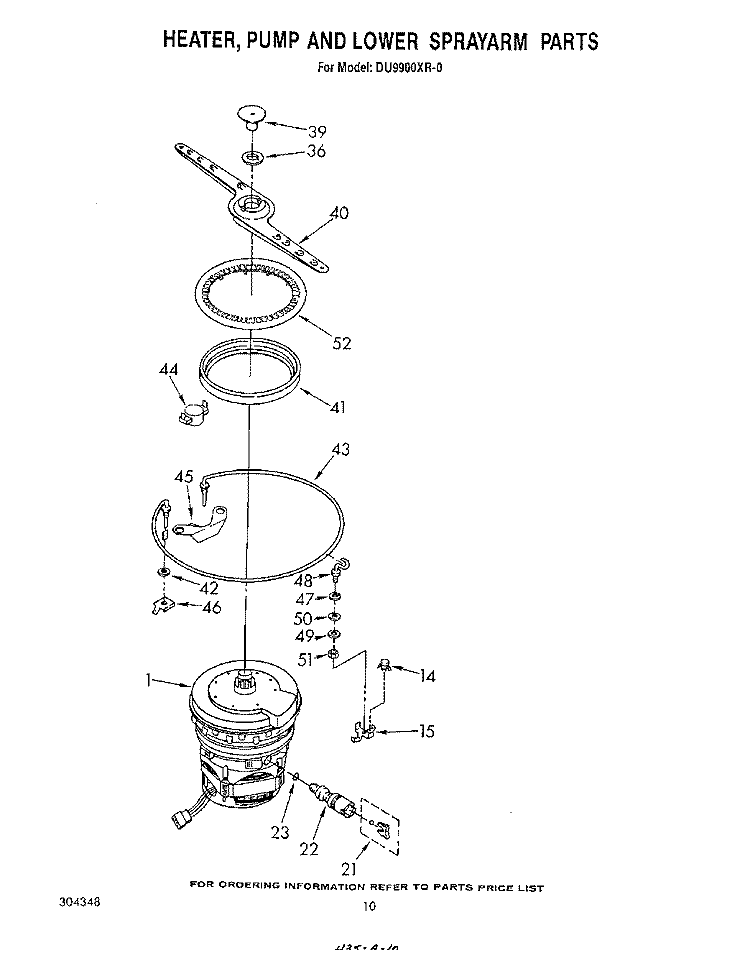 HEATER, PUMP AND LOWER SPRAYARM Diagram and Parts List for DU9900XR0  Whirlpool Dishwasher