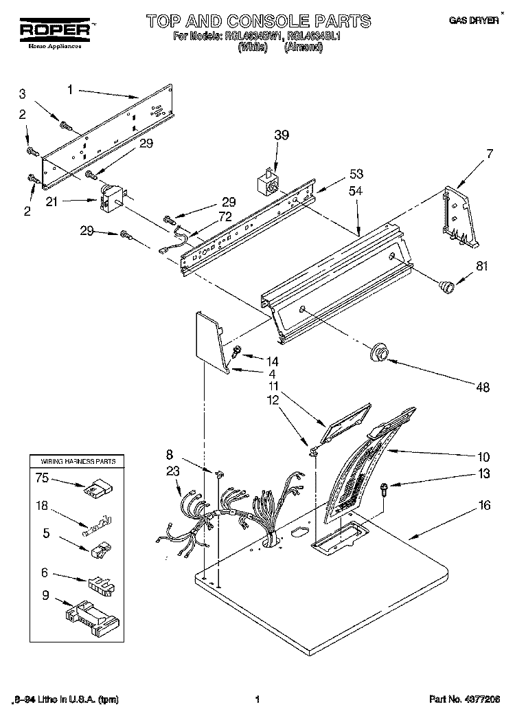 TOP AND CONSOLE, LIT/OPTIONAL Diagram and Parts List for RGL4634BL1  Roper Dryer