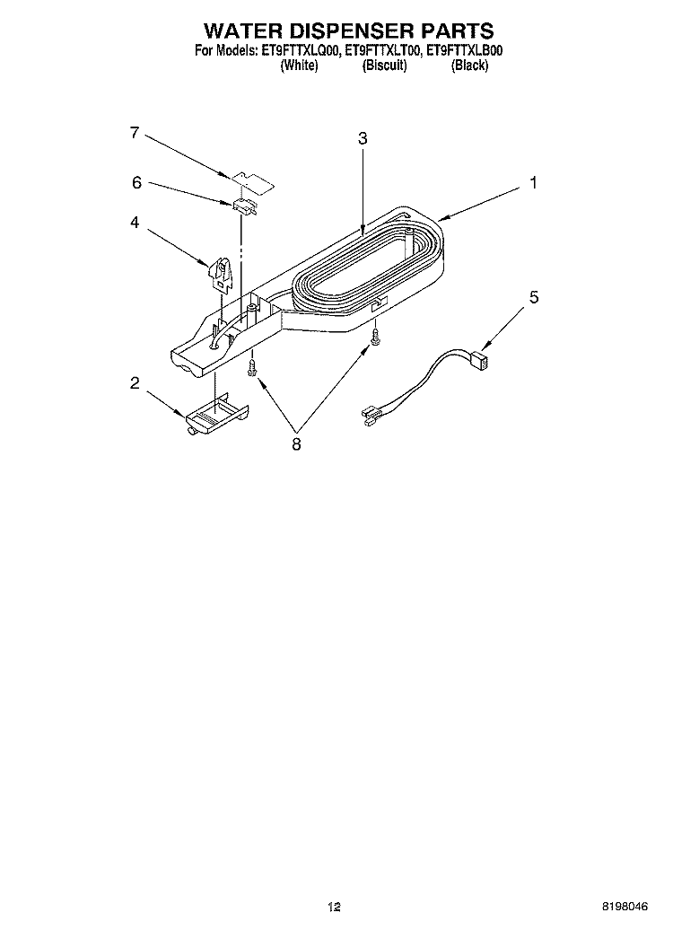 WATER DISPENSER, OPTIONAL Diagram and Parts List for ET9FTTXLB00  Whirlpool Refrigerator