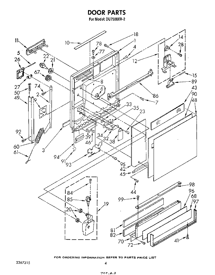 DOOR Diagram and Parts List for DU7500XR2  Whirlpool Dishwasher