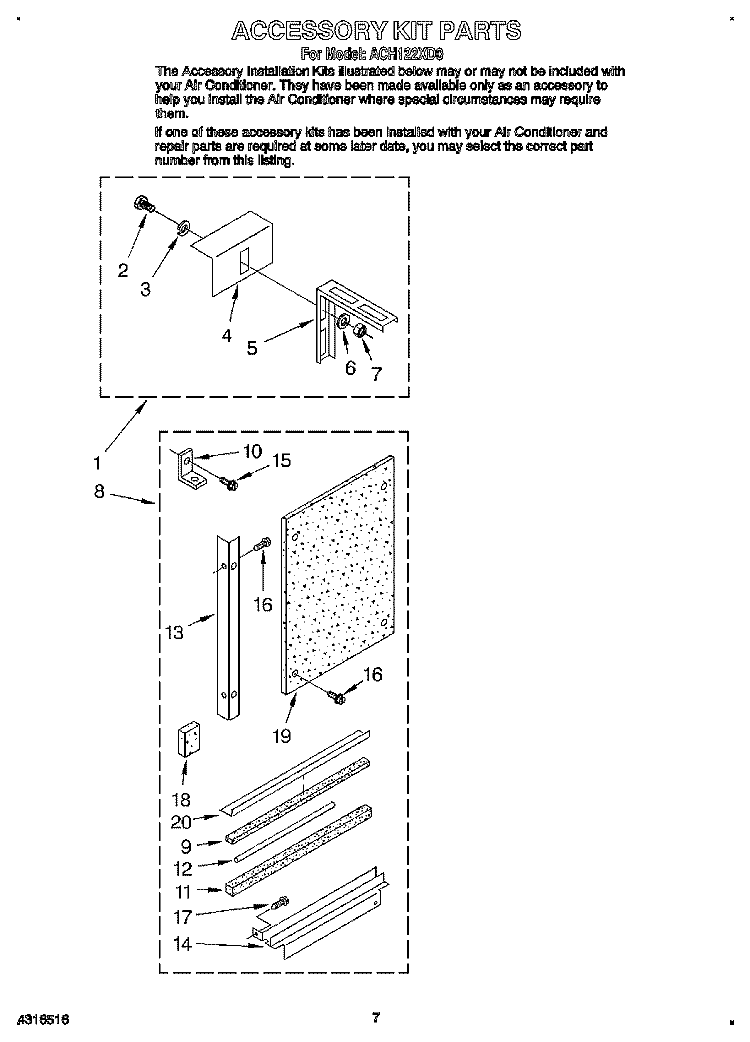 ACCESSORY KIT Diagram and Parts List for ACH122XD0  Whirlpool Air Conditioner