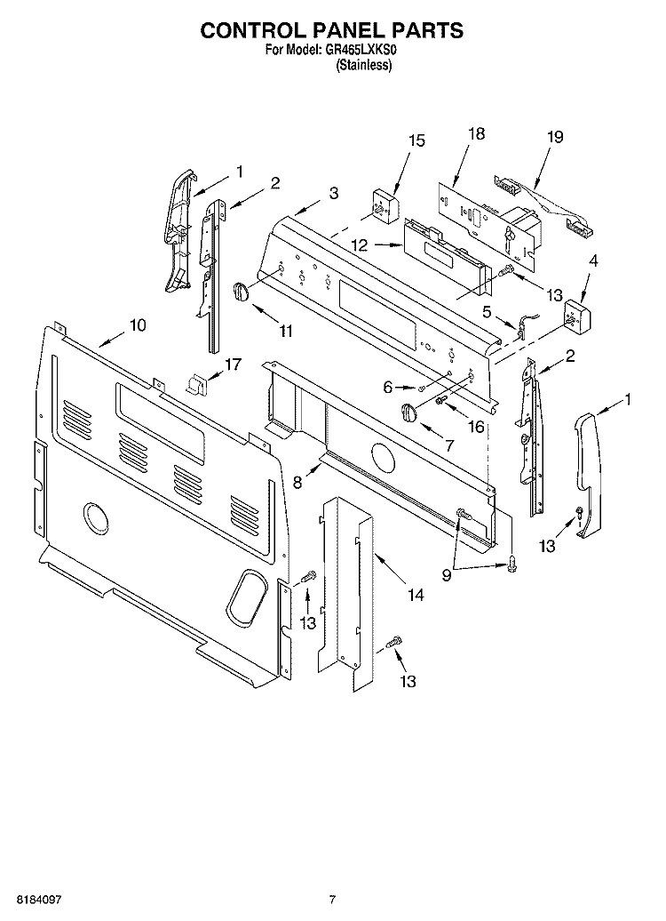 CONTROL PANEL Diagram and Parts List for GR465LXKS0  Whirlpool Range
