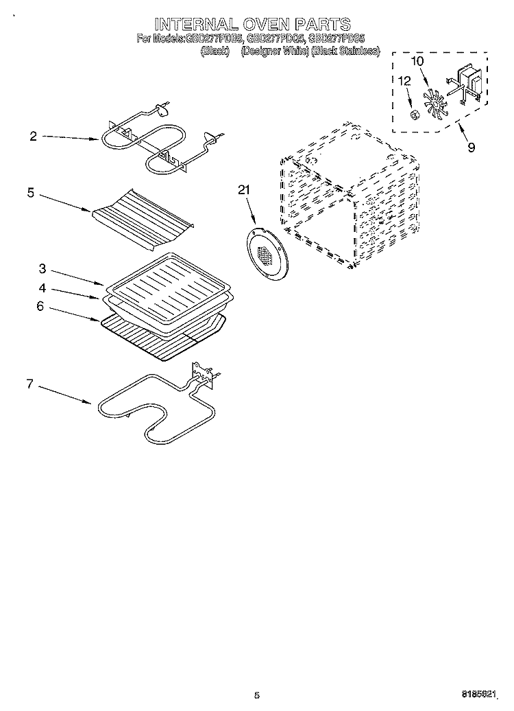 INTERNAL OVEN Diagram and Parts List for GBD277PDQ5  Whirlpool Wall Oven