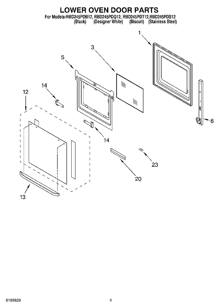 LOWER OVEN DOOR Diagram and Parts List for RBD245PDS12  Whirlpool Wall Oven