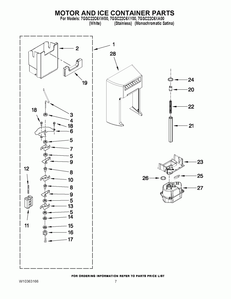 MOTOR AND ICE CONTAINER PARTS Diagram and Parts List for 7GSC22C6XW00  Whirlpool Refrigerator