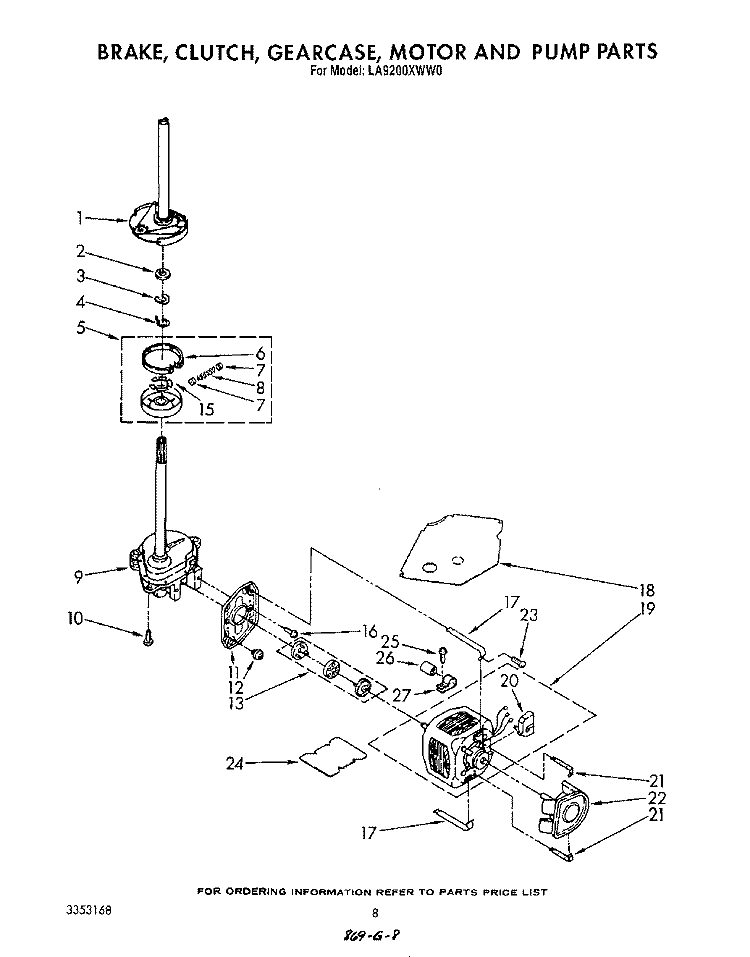 BRAKE, CLUTCH, GEARCASE, MOTOR AND PUMP Diagram and Parts List for LA9200XWW0  Whirlpool Washer
