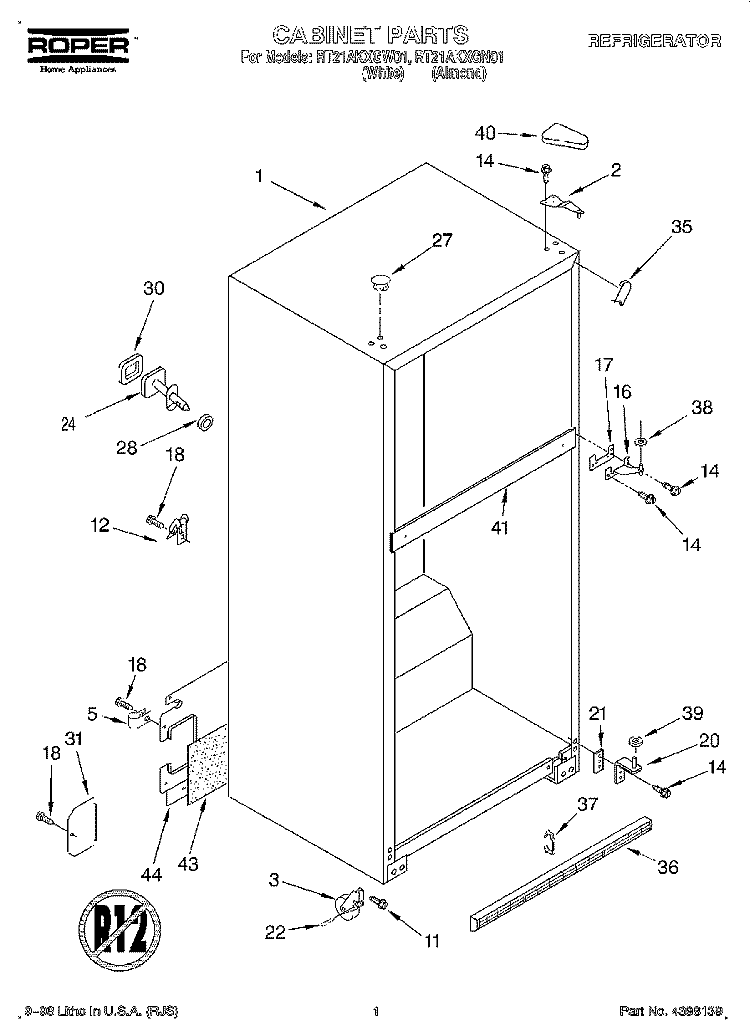 CABINET Diagram and Parts List for RT21AKXGN01  Roper Refrigerator