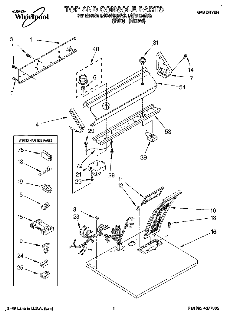 TOP AND CONSOLE, LIT/OPTIONAL Diagram and Parts List for LGR5624BW2  Whirlpool Dryer