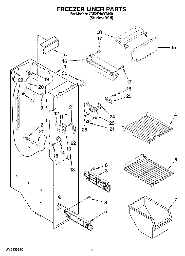 FREEZER LINER PARTS Diagram and Parts List for 7GS2FHAXTA00  Whirlpool Refrigerator