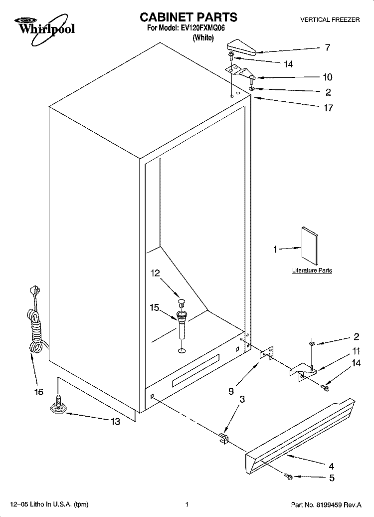 CABINET PARTS Diagram and Parts List for EV120FXMQ06  Whirlpool Freezer