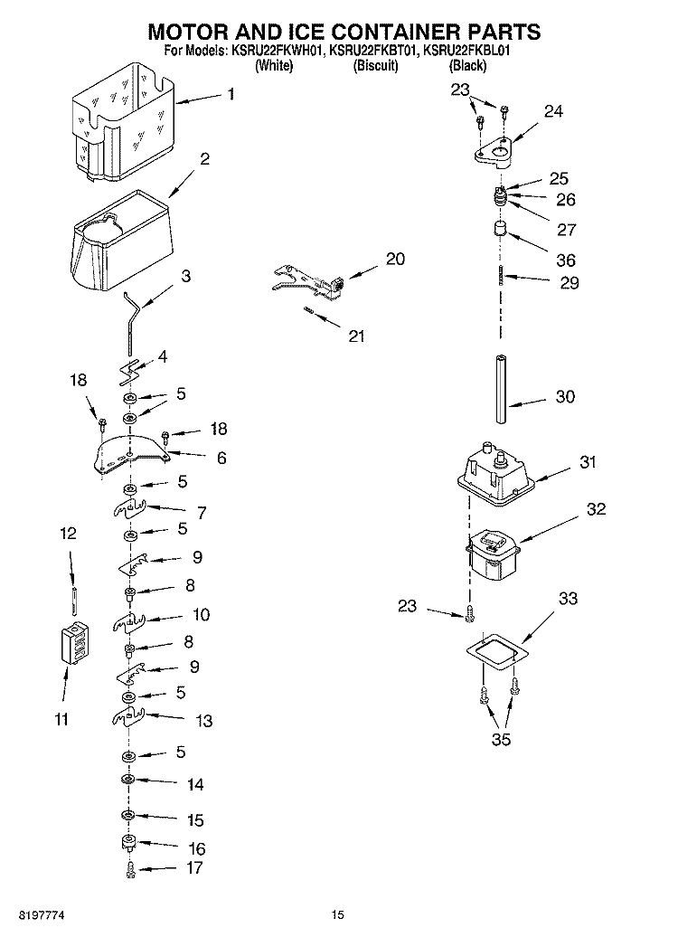 MOTOR AND ICE CONTAINER Diagram and Parts List for KSRU22FKBT01  KitchenAid Refrigerator