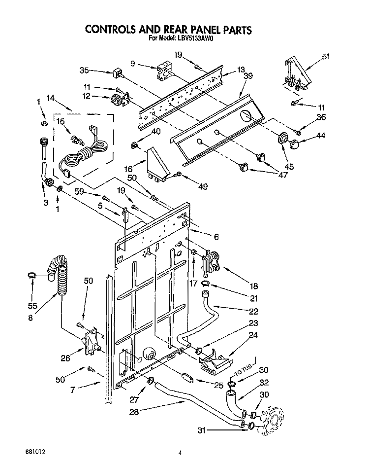CONTROLS AND REAR PANEL Diagram and Parts List for LBV5133AW0  Whirlpool Washer