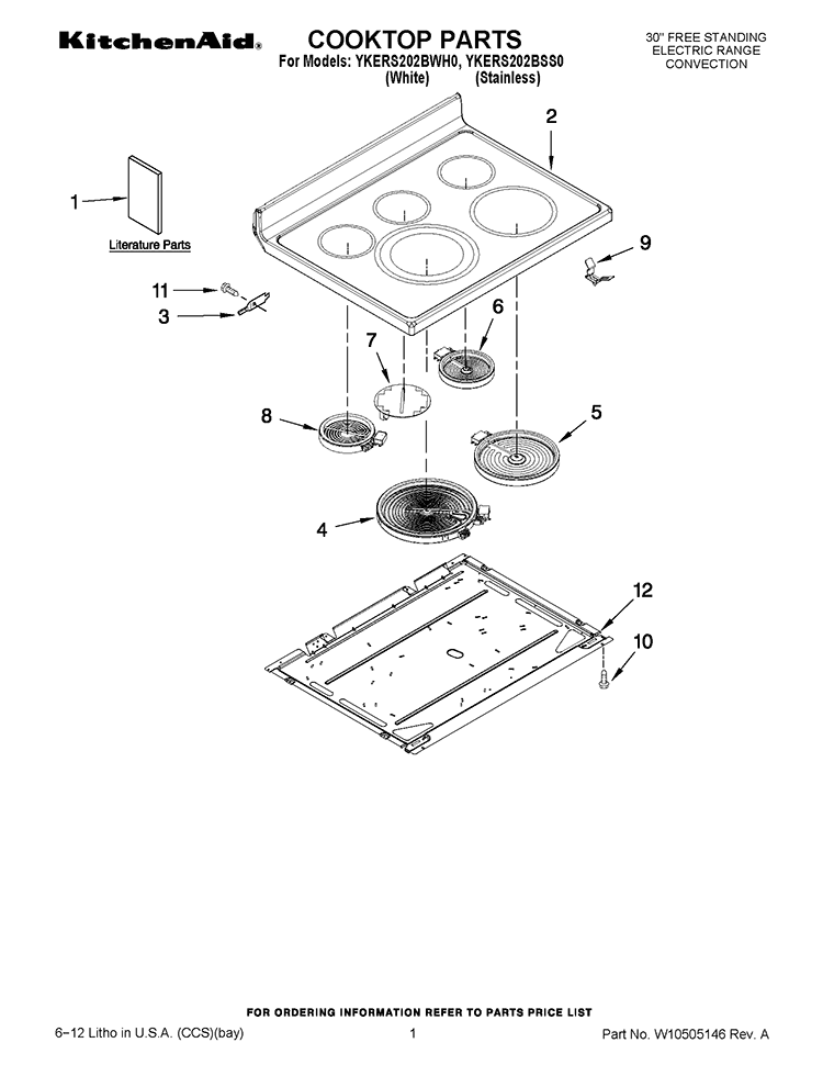 COOKTOP PARTS Diagram and Parts List for YKERS202BWH0  KitchenAid Range