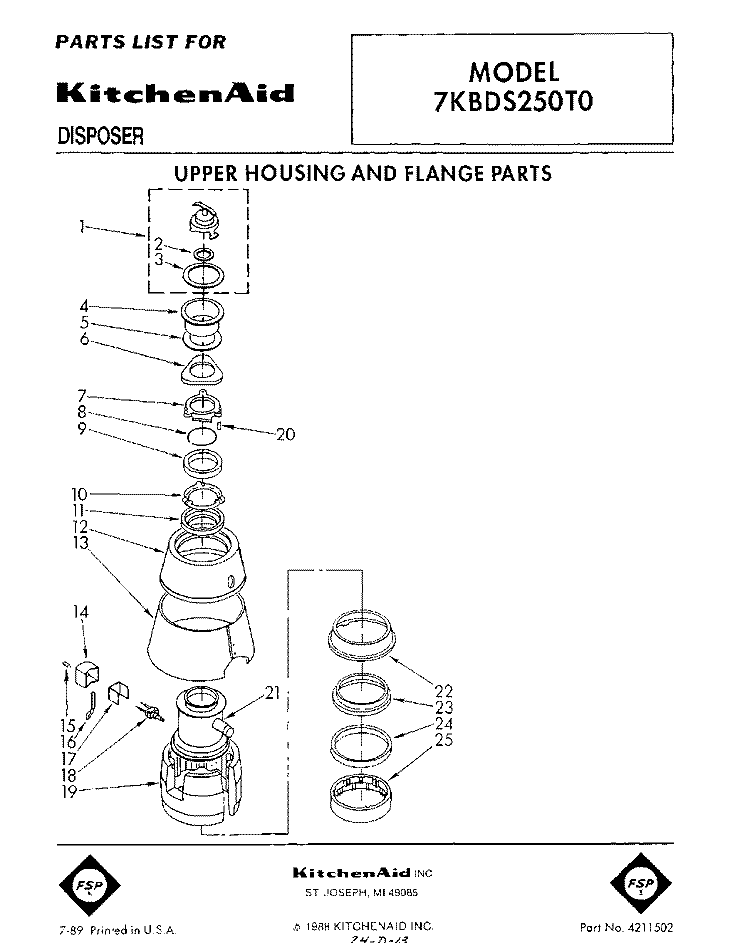 SECTION Diagram and Parts List for 7KBDS250T0  KitchenAid Food Waste Disposer
