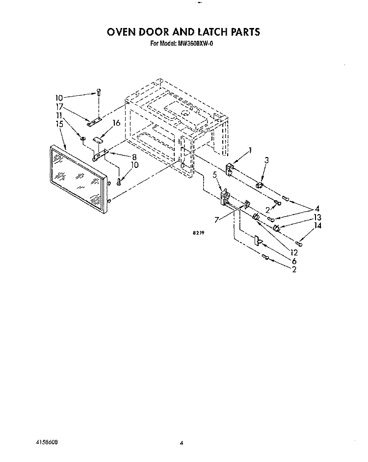 OVEN DOOR AND LATCH Diagram and Parts List for MW3600XW0  Whirlpool Microwave