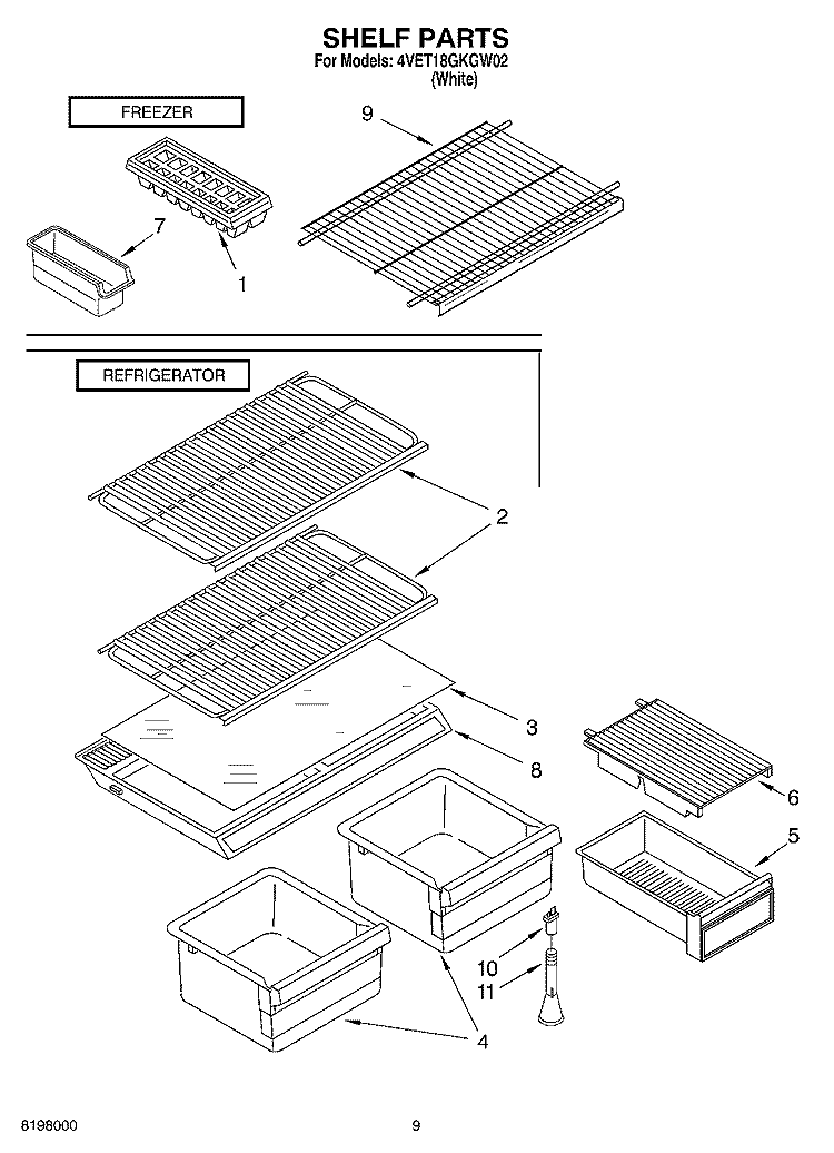 SHELF Diagram and Parts List for 4VET18GKGW02  Whirlpool Refrigerator