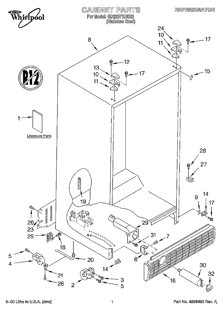 CABINET, LITERATURE Diagram and Parts List for GD22SFXHS02  Whirlpool Refrigerator