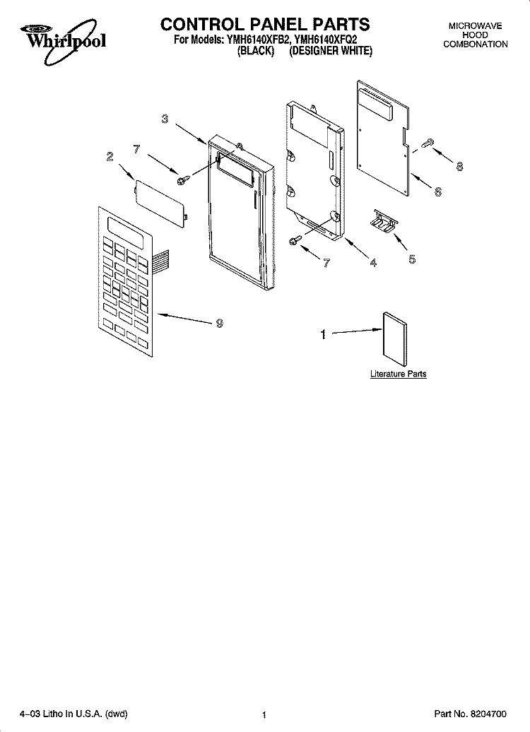 CONTROL PANEL PARTS Diagram and Parts List for YMH6140XFQ2  Whirlpool Microwave