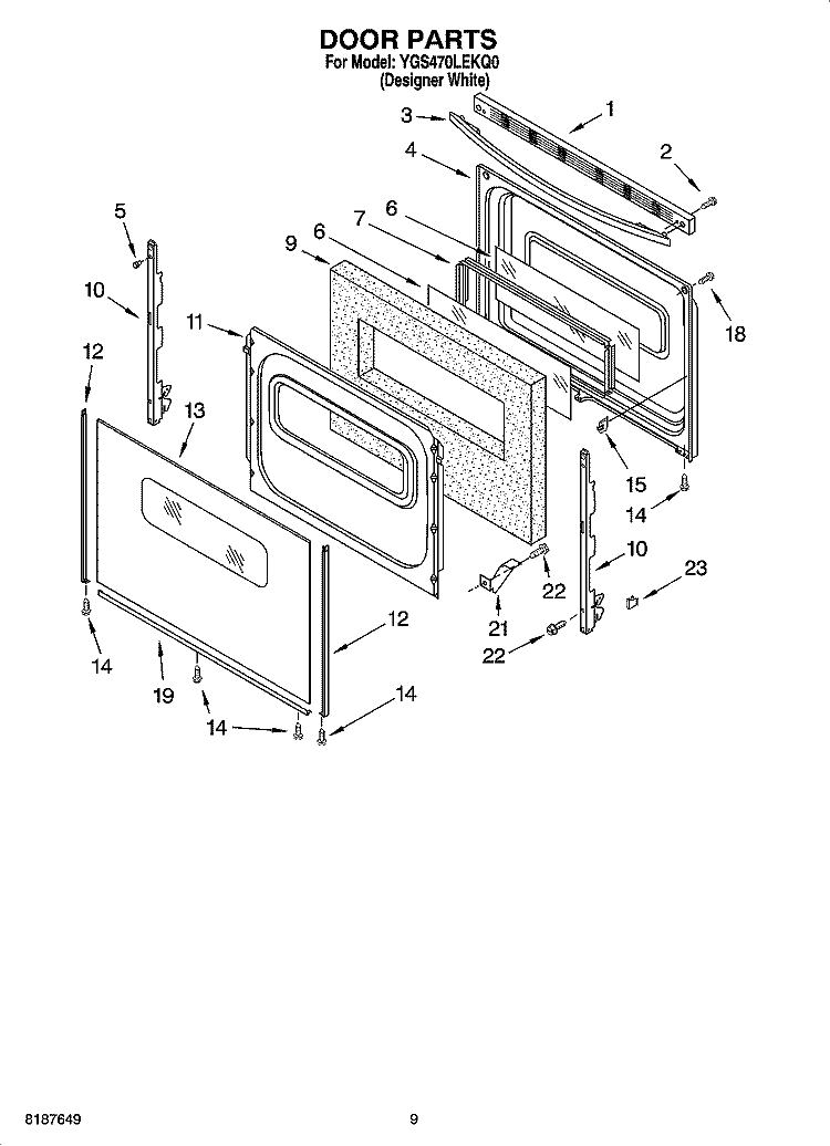 DOOR PARTS, MISCELLANEOUS PARTS Diagram and Parts List for YGS470LEKQ0  Whirlpool Range