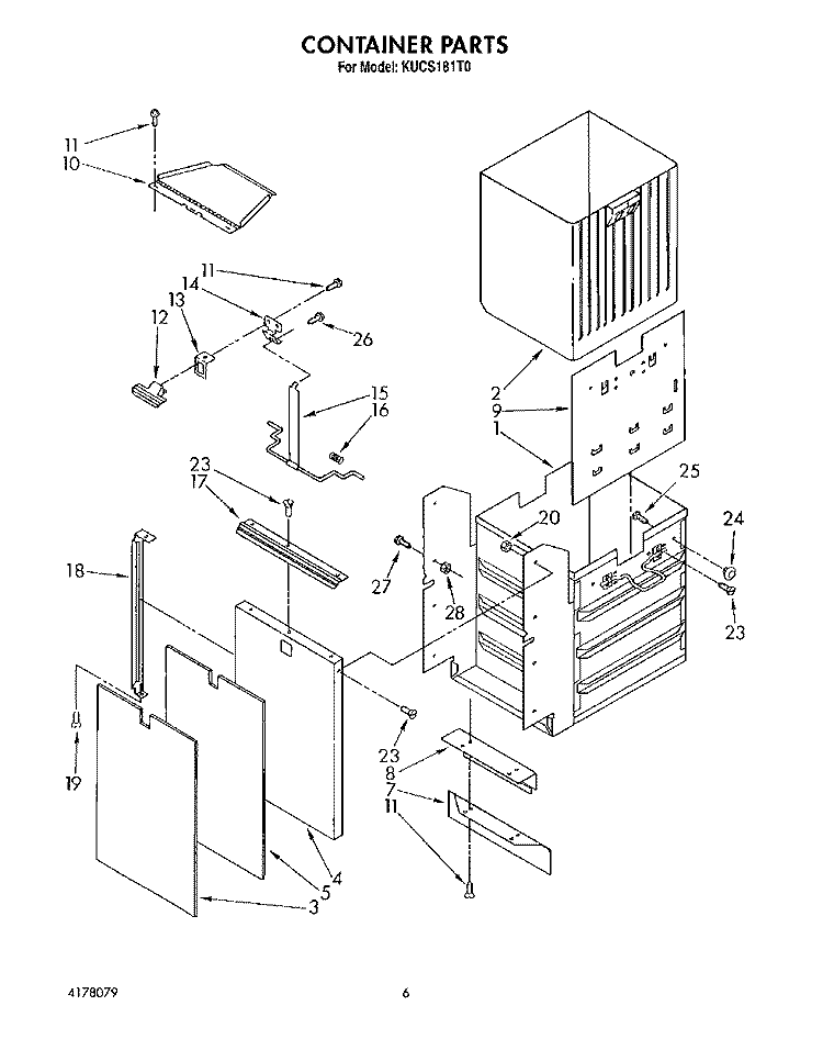 CONTAINER Diagram and Parts List for KUCS181T0  KitchenAid Trash Compactor