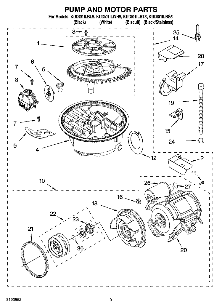 PUMP AND MOTOR PARTS Diagram and Parts List for KUDI01ILBT5  KitchenAid Dishwasher