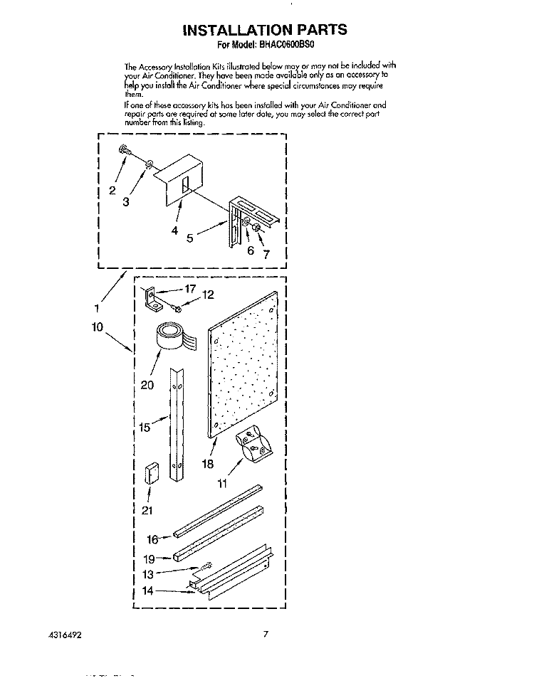 INSTALLATION Diagram and Parts List for BHAC0600BS0  Whirlpool Air Conditioner