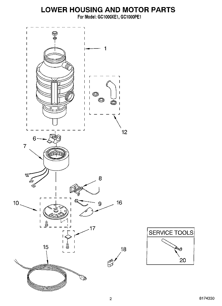 SECTION Diagram and Parts List for GC1000PE1  Whirlpool Food Waste Disposer