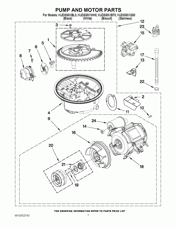 PUMP AND MOTOR PARTS Diagram and Parts List for KUDS30IXBL0  KitchenAid Dishwasher