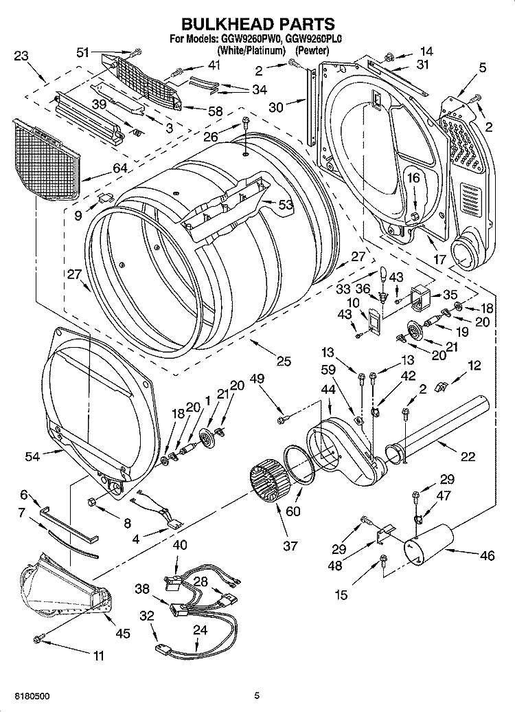 BULKHEAD PARTS Diagram and Parts List for GGW9260PL0  Whirlpool Dryer