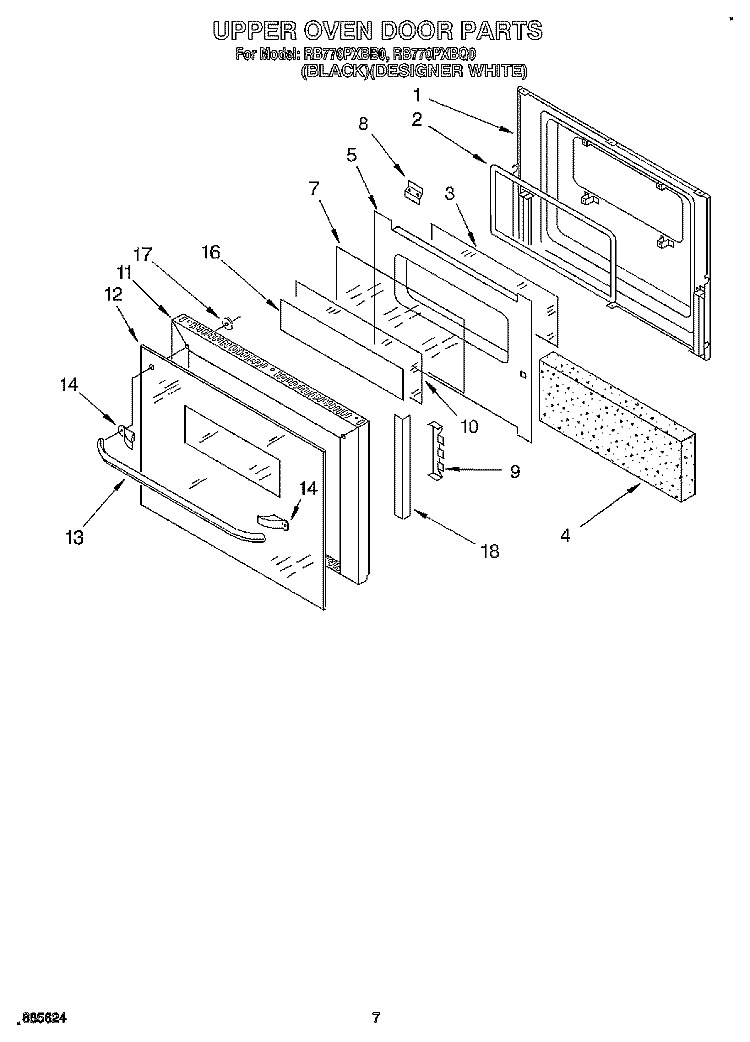 UPPER OVEN DOOR Diagram and Parts List for RB770PXBQ0  Whirlpool Wall Oven