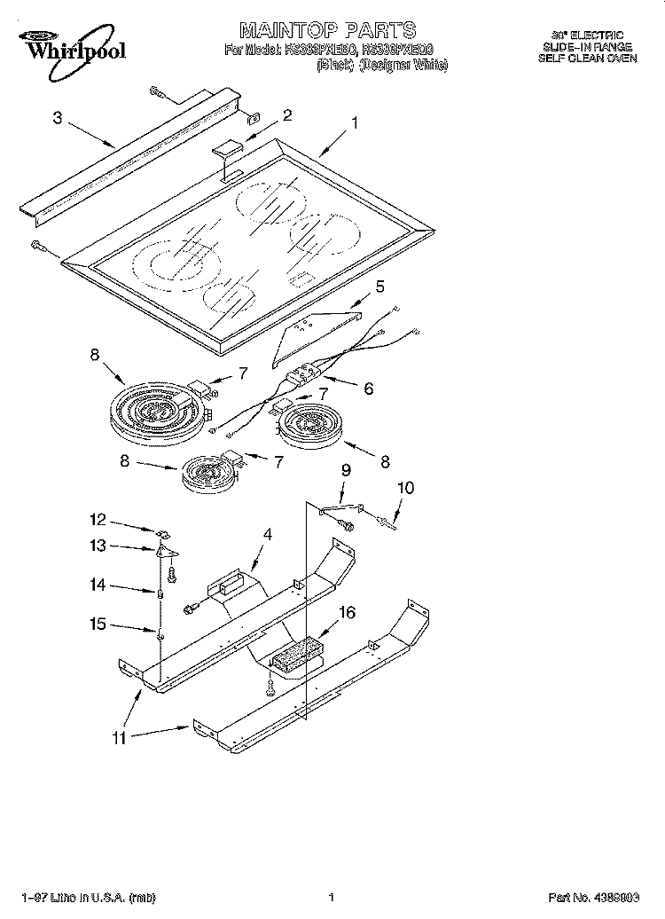 MAINTOP Diagram and Parts List for RS386PXEB0  Whirlpool Range