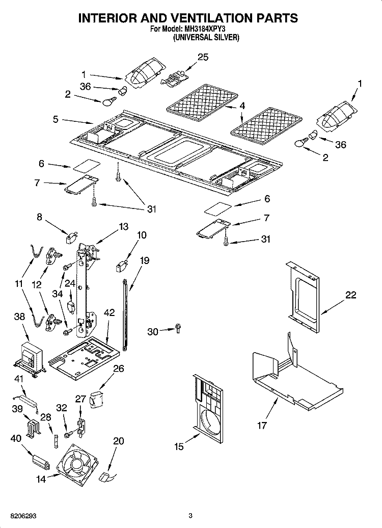 INTERIOR AND VENTILATION PARTS Diagram and Parts List for MH3184XPY3  Whirlpool Microwave