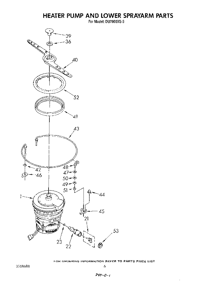 HEATER PUMP AND LOWER SPRAY ARM Diagram and Parts List for DU7800XS3  Whirlpool Dishwasher